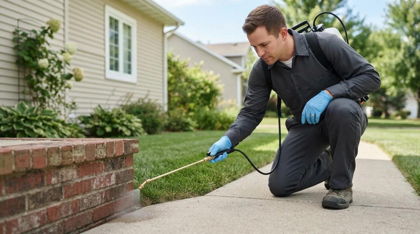 Pest control technician treating a home near Bristow, VA
